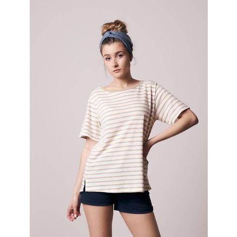 Striped Leinen T-Shirt Damen Sand