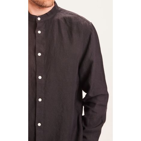 LARCH Stand Collar Custom Fit Linen Shirt Long Sleeves Black Jet