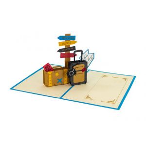 3D Pop-up Karte Reisen - Koffer & Wegweiser blau